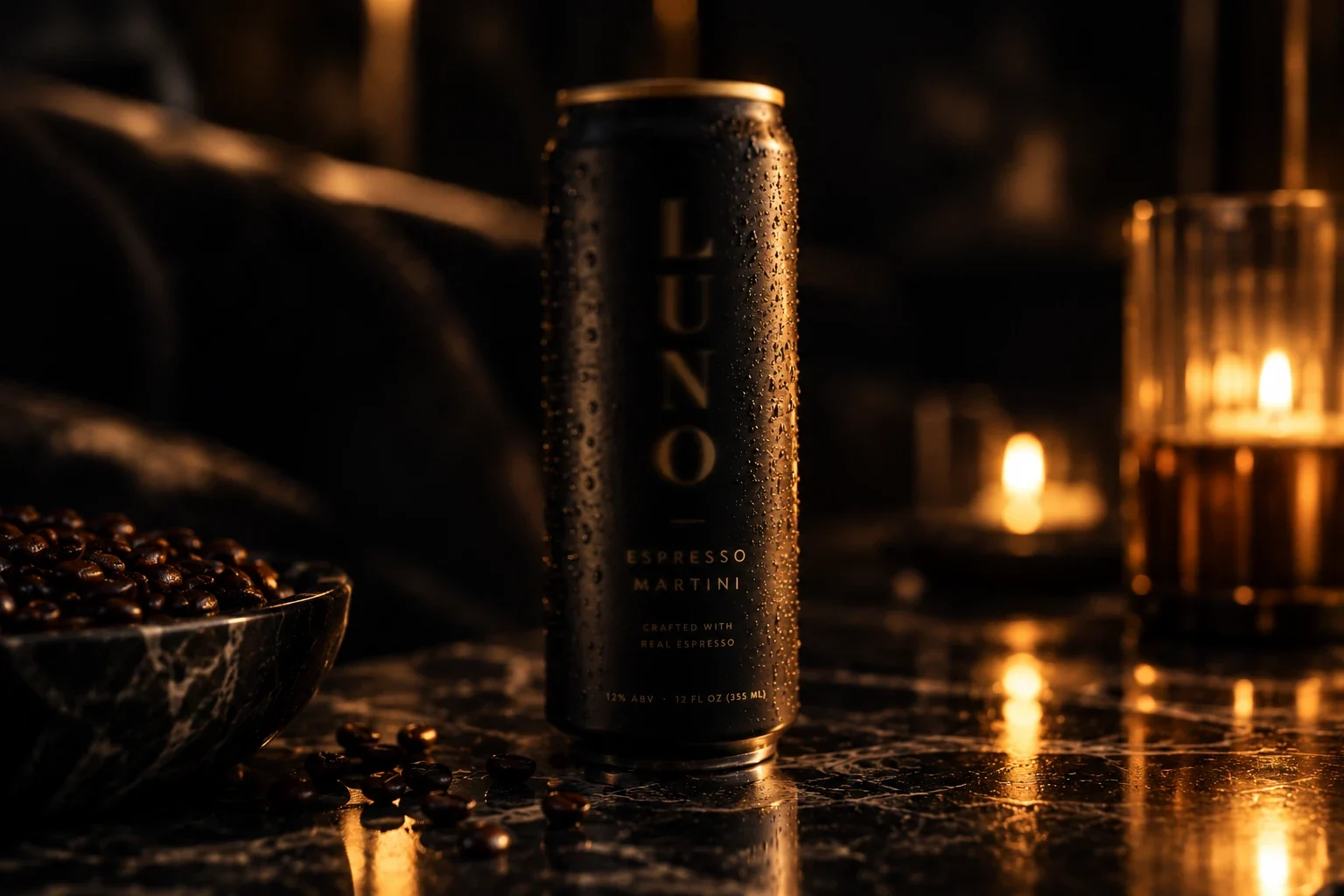 A chilled LUNO espresso martini can on dark marble beside candlelight and coffee beans in a low-lit lounge